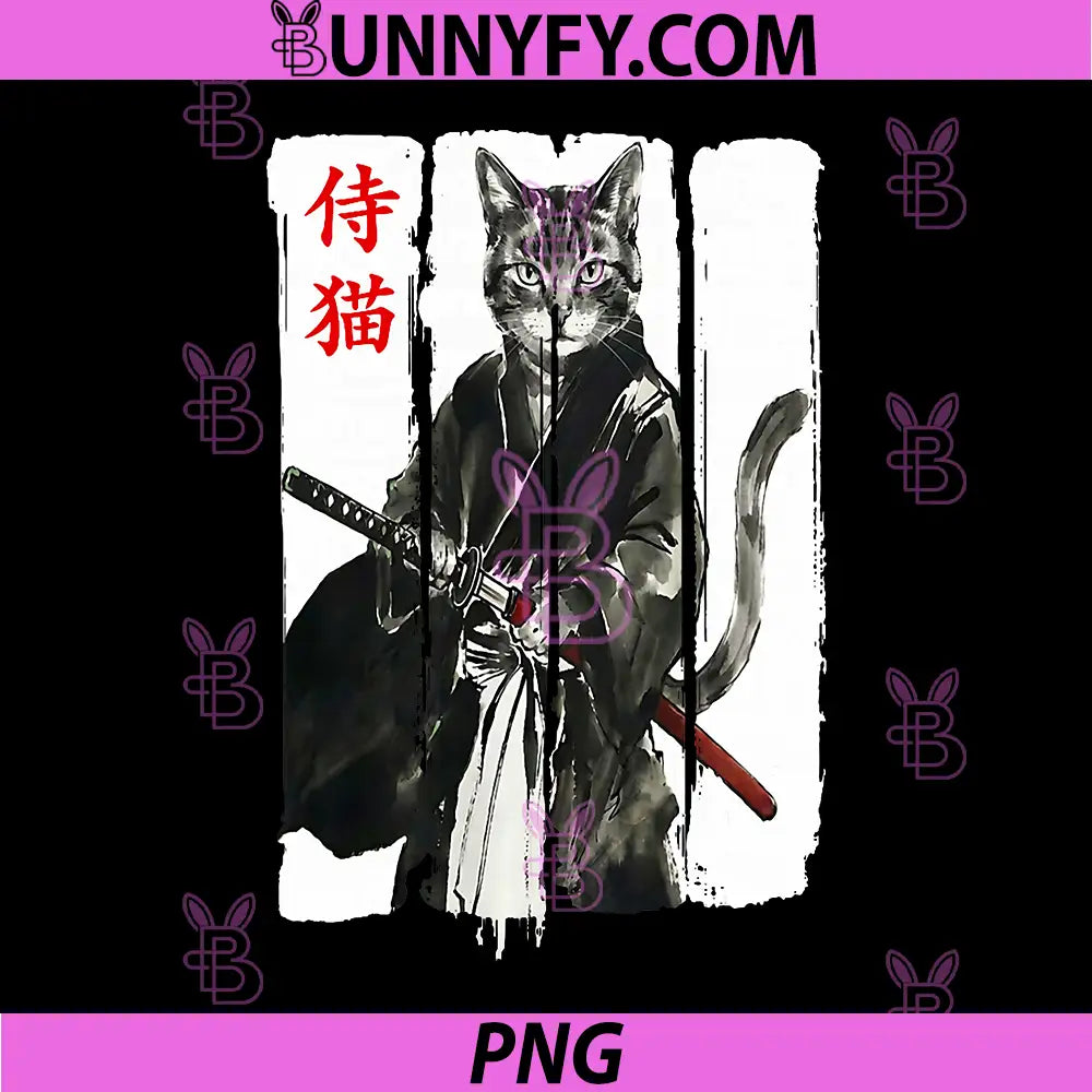 Samurai Cat Warrior Ink Japanese PNG, Ukiyo-e Art Katana Animal PNG