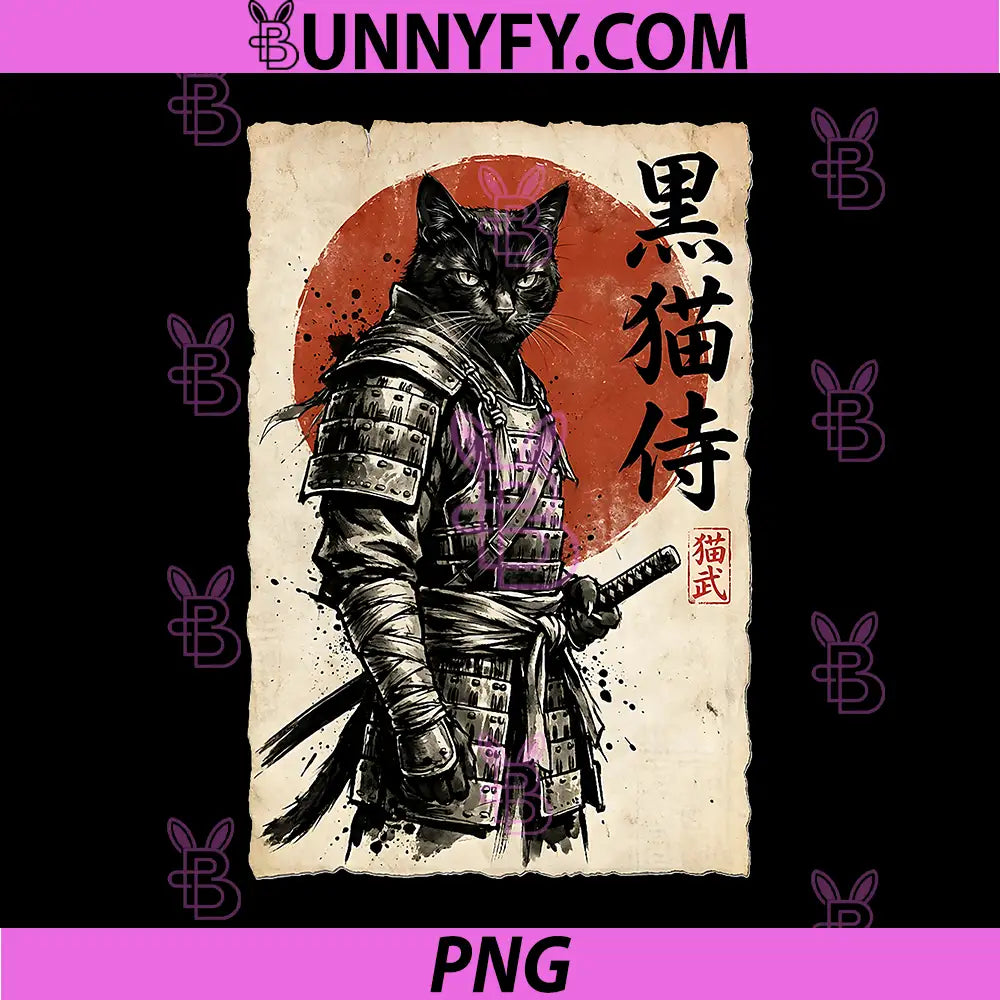 Samurai Cat Warrior Japanese Art PNG, Kawaii Anime Cat Samurai PNG