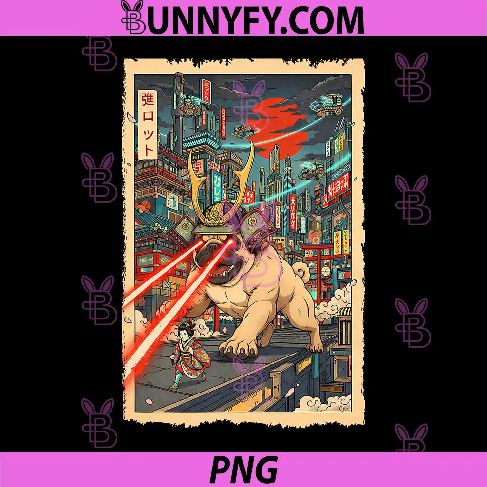 Samurai Pug Giant Kaiju PNG, Laser Eyes Cyberpunk Japanese Art PNG
