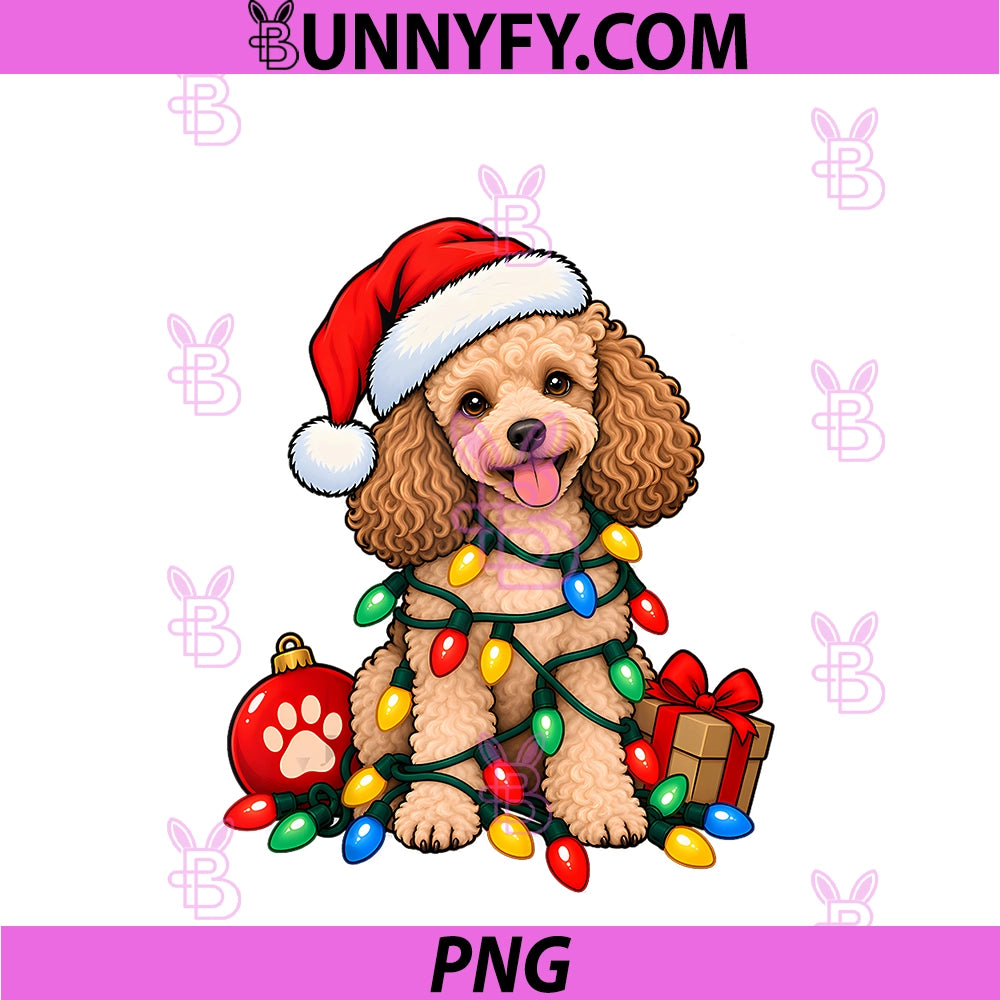 Santa Miniature Poodle Christmas Lights PNG, Funny Dog Lover Xmas PNG