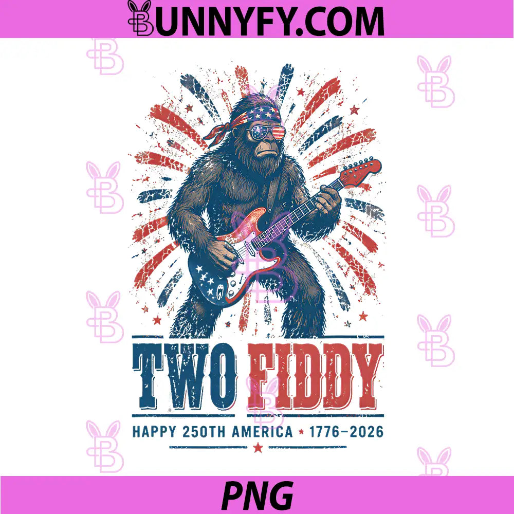 Sasquatch Guitar Two Fiddy PNG, 250th 4th of July American Flag PNG