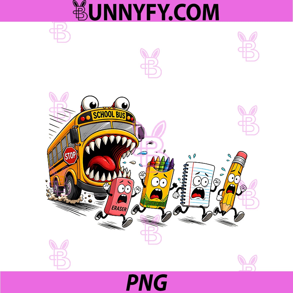 School Bus Monster PNG, Funny Cartoon Bus Eating School Supplies Raglan PNG