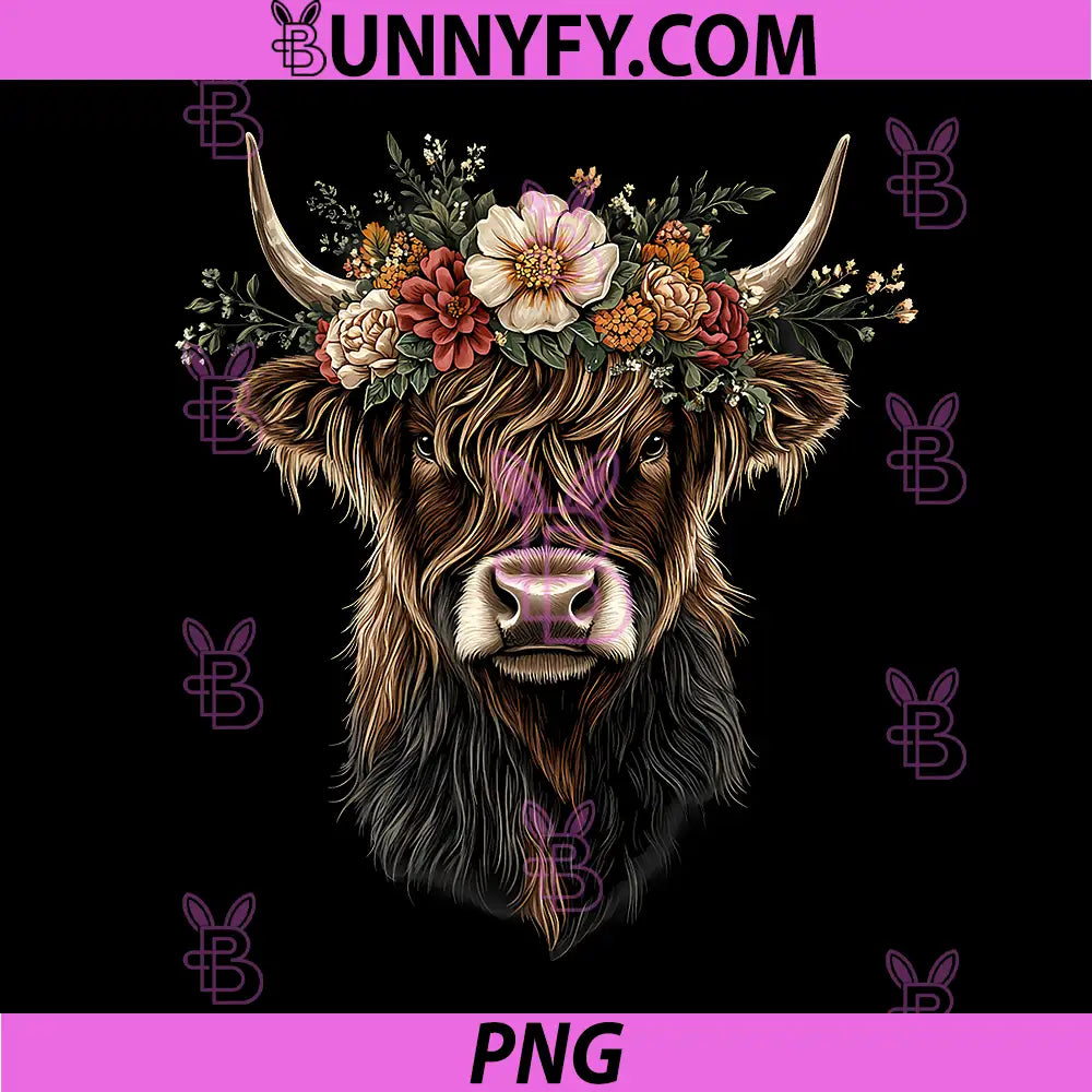 Scottish Highland Cow PNG, Messy Bun Scottish Highlander Cow PNG