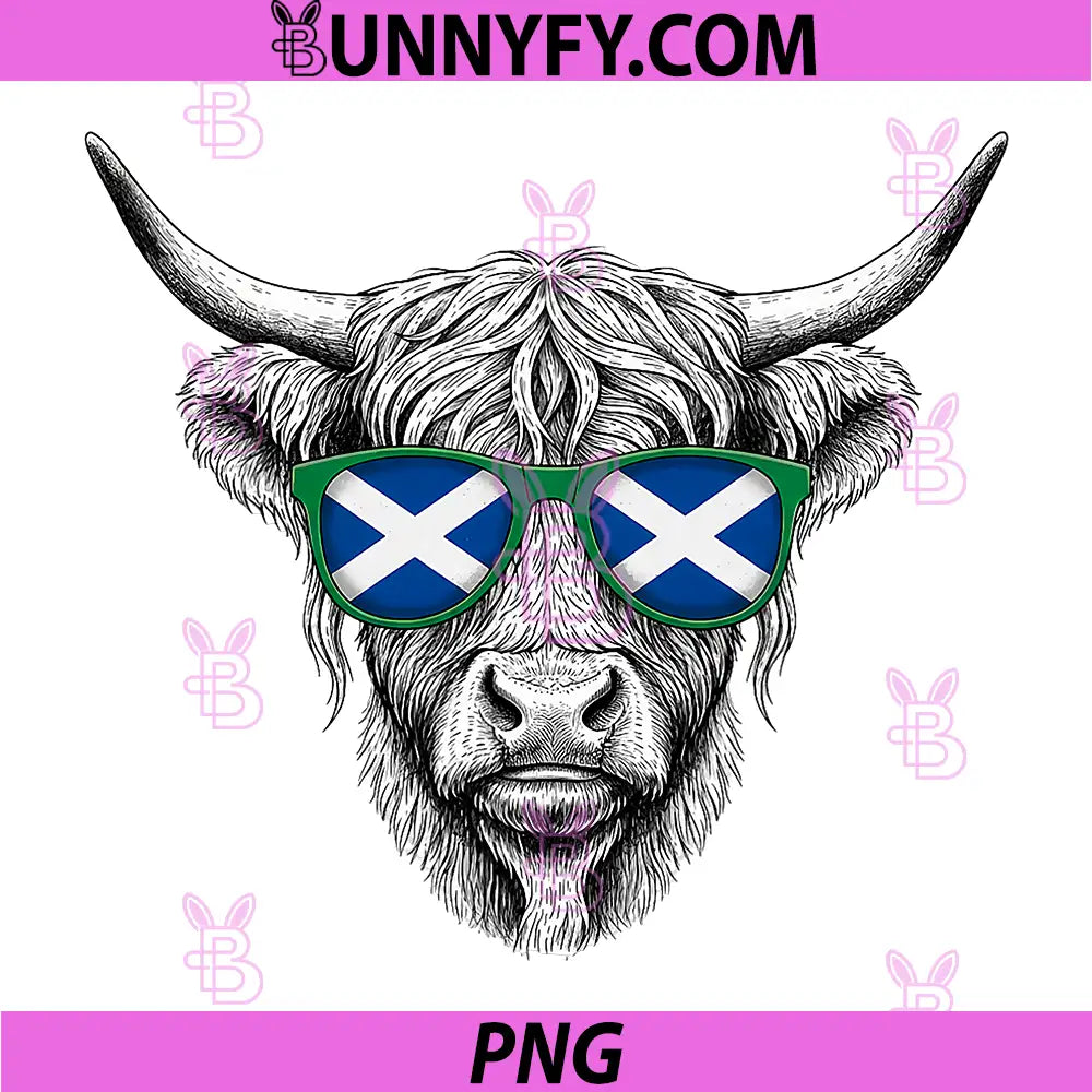 Scottish Highland Cow With Scotland Flag Sunglasses PNG, Funny Highland Cattle PNG
