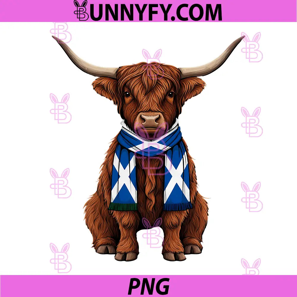 Scottish Highland Cow With Scotland Flag Scarf PNG, Cute Highland Cattle PNG