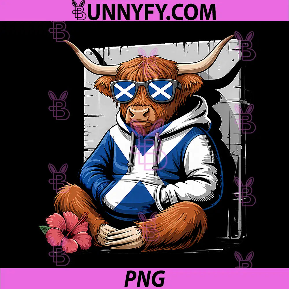 Highland Cow With Scotland Flag Sunglasses PNG, Scottish Cow PNG