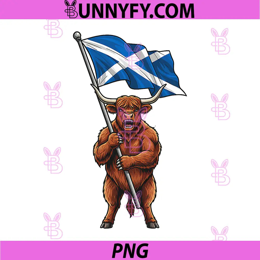 Scottish Highlander Cow PNG, Scotland Flag Highland Cow PNG