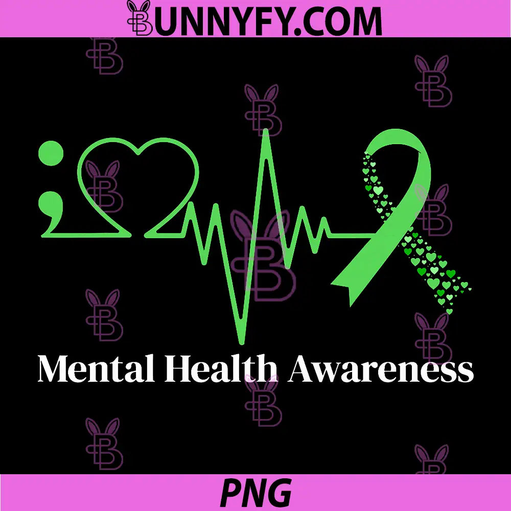 Semicolon Heart Beat Green Ribbon PNG, Mental Health Awareness PNG