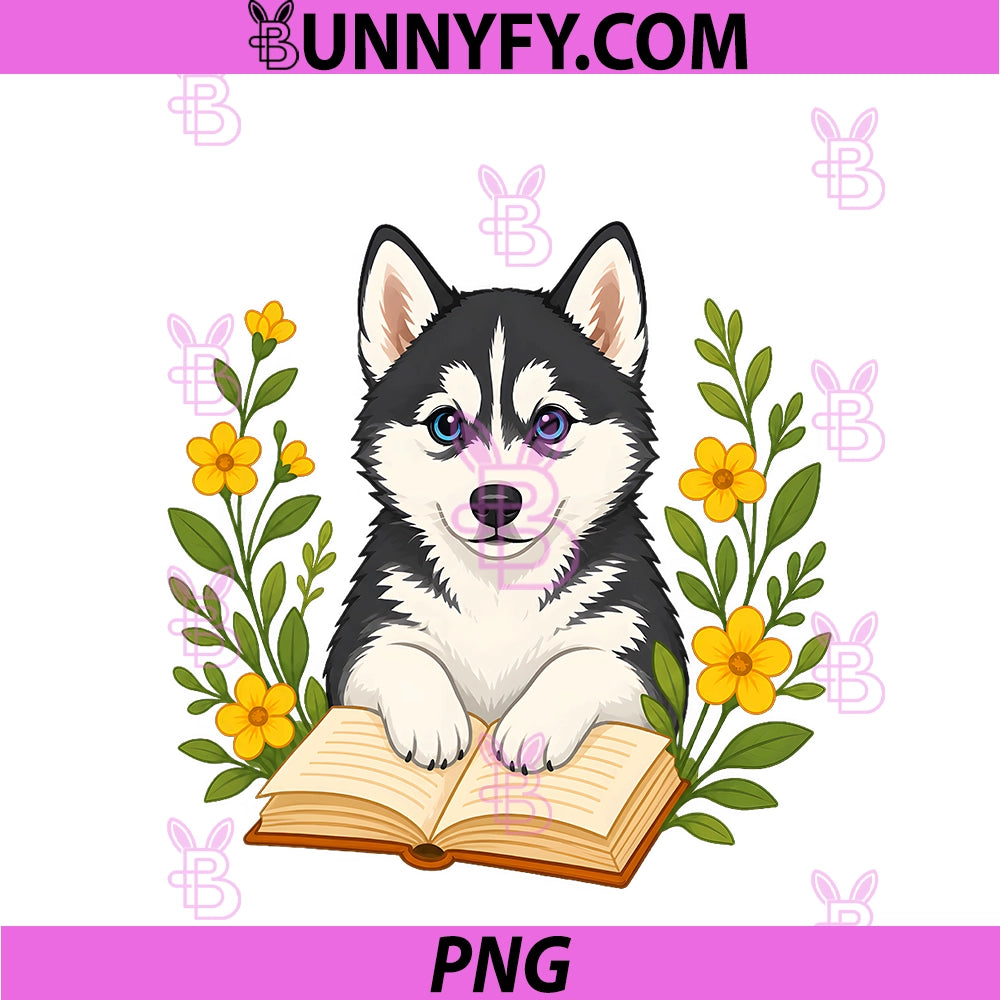Siberian Husky Dog Reading Book PNG, Flowers Floral PNG