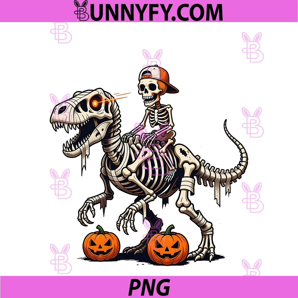 Skeleton Riding Mummy Dinosaur T rex PNG, Pumpkin Halloween Comfort PNG