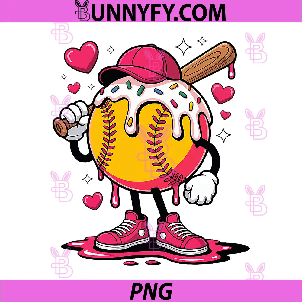 Softball Ice Cream Drip Cartoon With Bat PNG, Cute Valentine Softball Character Love PNG