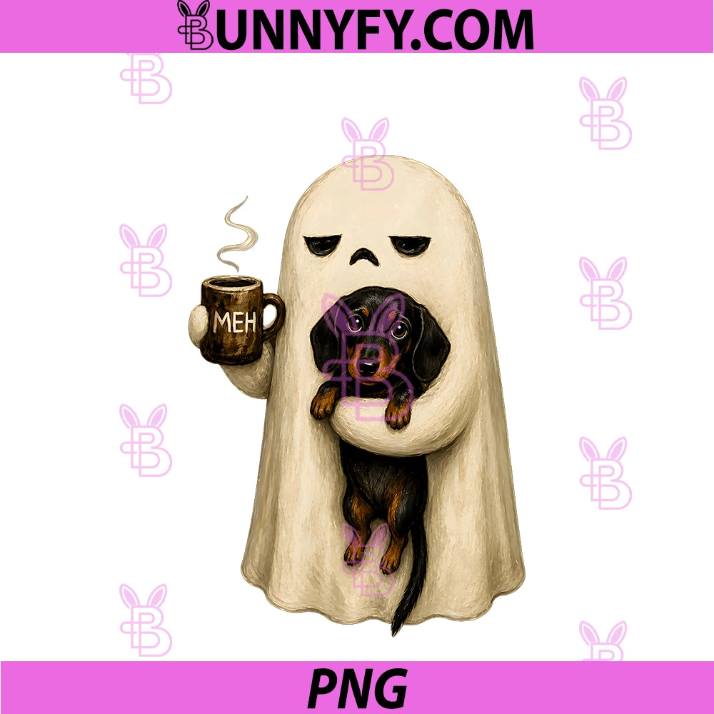Spooky Ghost Holding Dachshund Dog Coffee PNG, Funny Halloween PNG