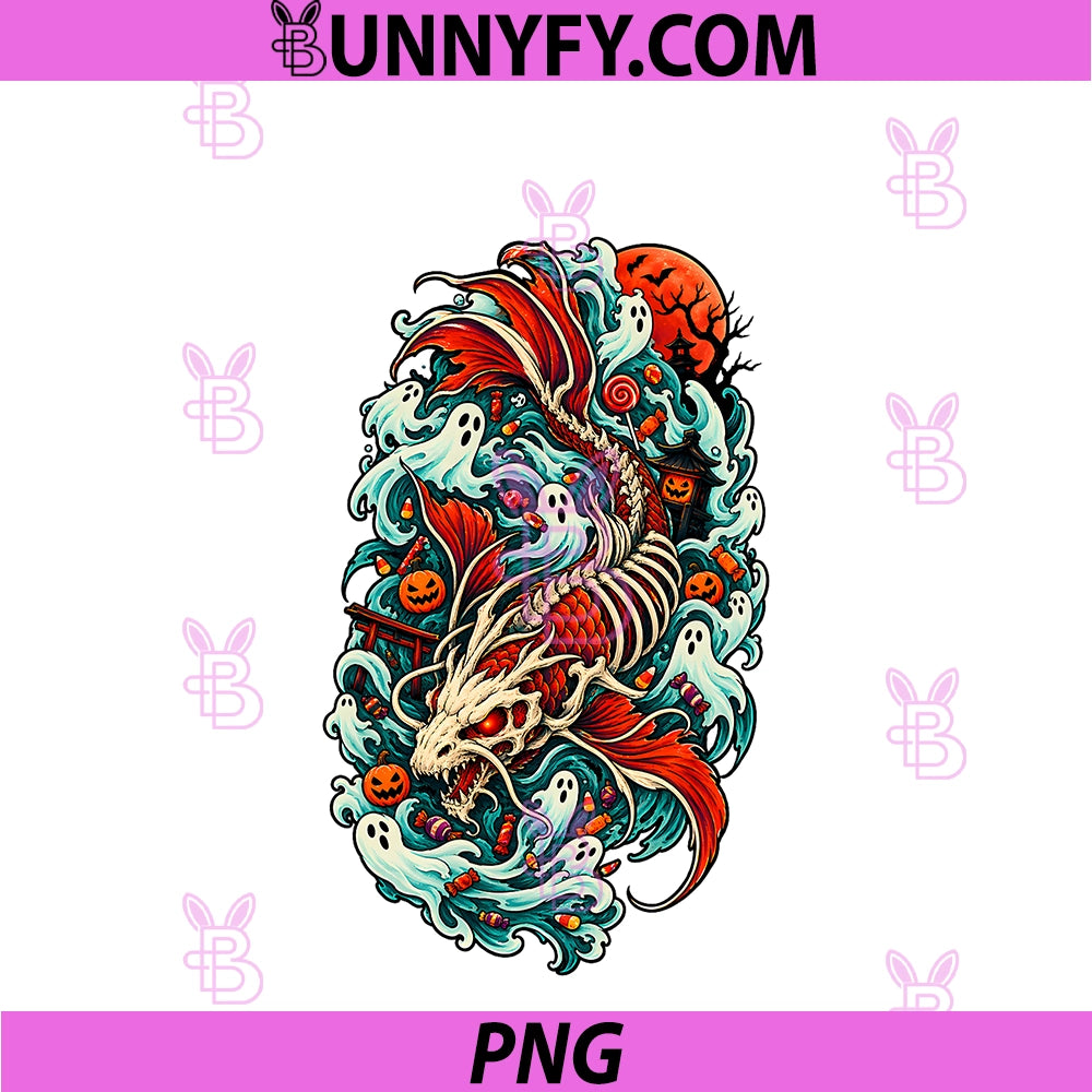 Spooky Halloween PNG, Skeleton Koi Dragon & Ghosts PNG