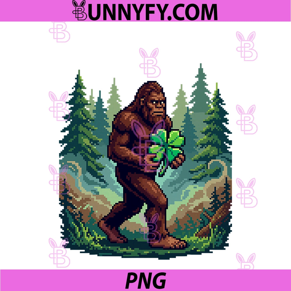 St Patricks Day Bigfoot PNG, Sasquatch Shamrock Lucky Pixel Art PNG