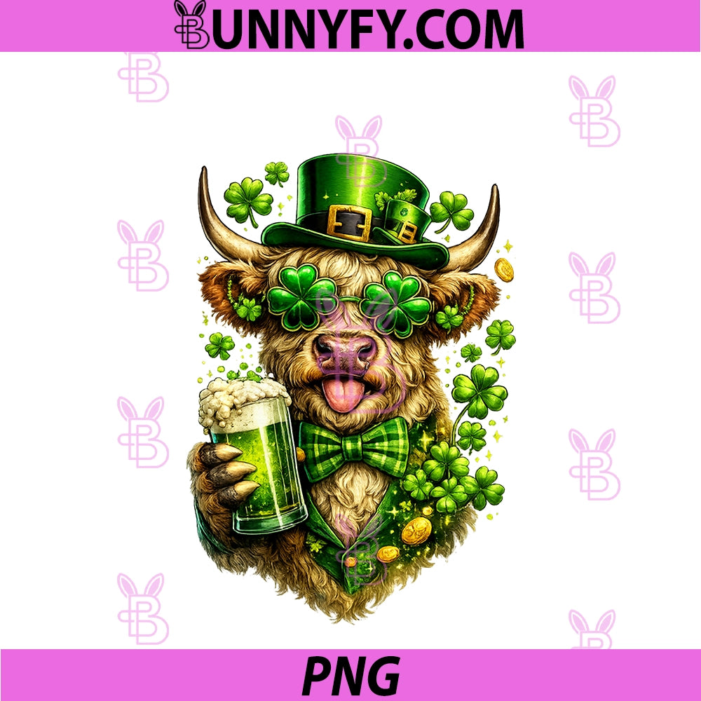 St Patricks Day Highland Cow PNG, Beer Shamrock Hat Funny PNG
