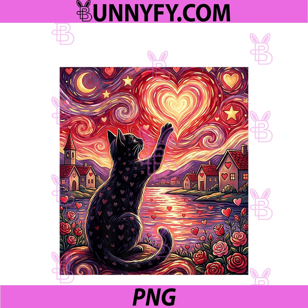Starry Nights Cat Valentine PNG, Love-Hearts Roses Van-Gogh PNG