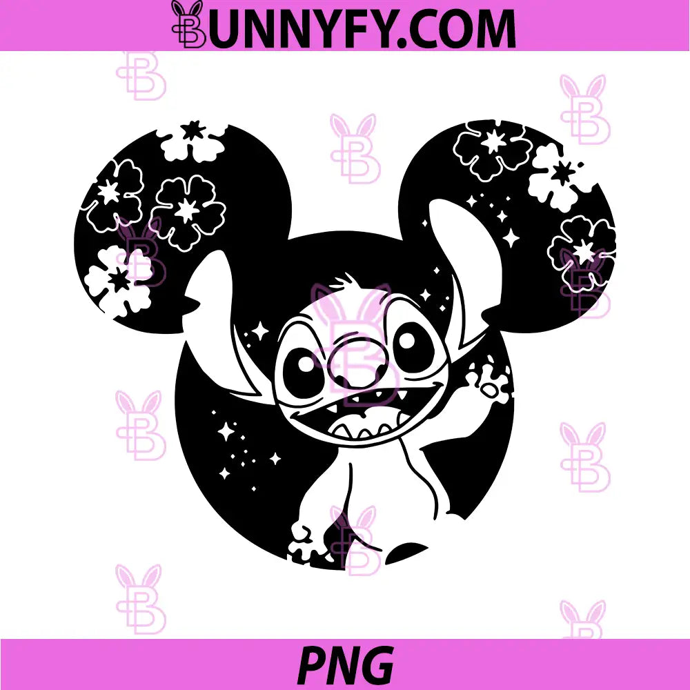 Stitch Mickey Head Floral PNG, Cute Stitch Black White Art PNG