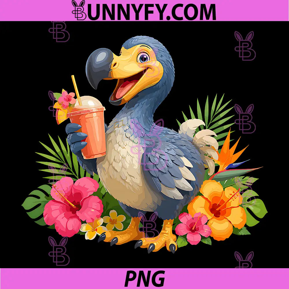 Summer Dodo with Drink PNG, Cute Tropical Flowers PNG