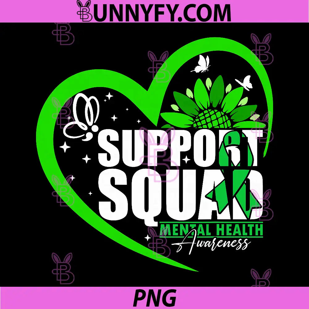 Support Squad Mental Health PNG, Awareness Green Ribbon Sunflower PNG