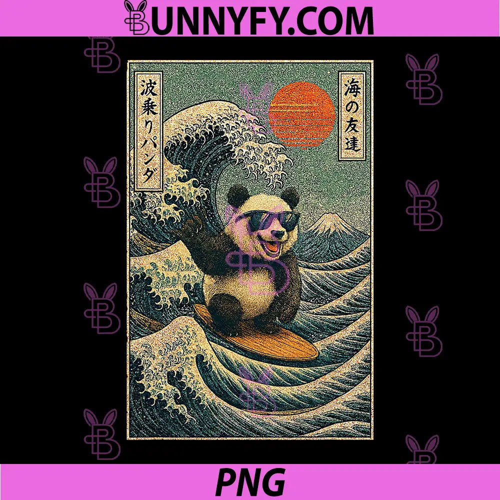 Surfing Panda Great Wave PNG, Kanagawa Mount Fuji Japan Art PNG