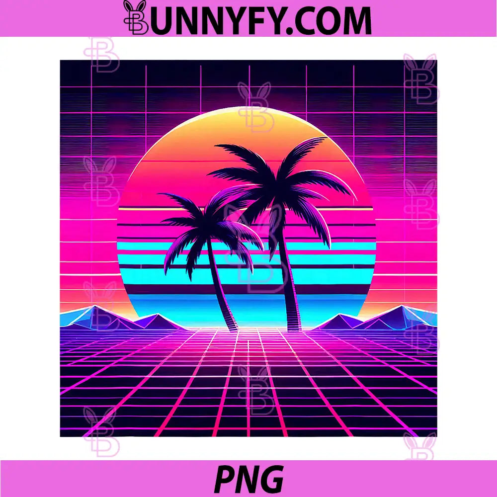 Synthwave Retro Vaporwave Sunset Palm Trees PNG, Neon Grid 80s Aesthetic PNG
