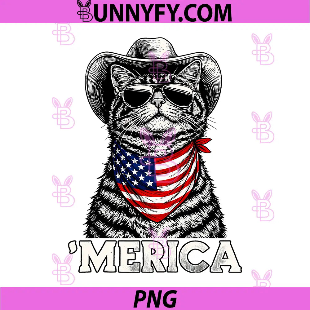 Tabby Cat American Flag PNG, Bandana Cowboy Hat Cool Sunglasses PNG