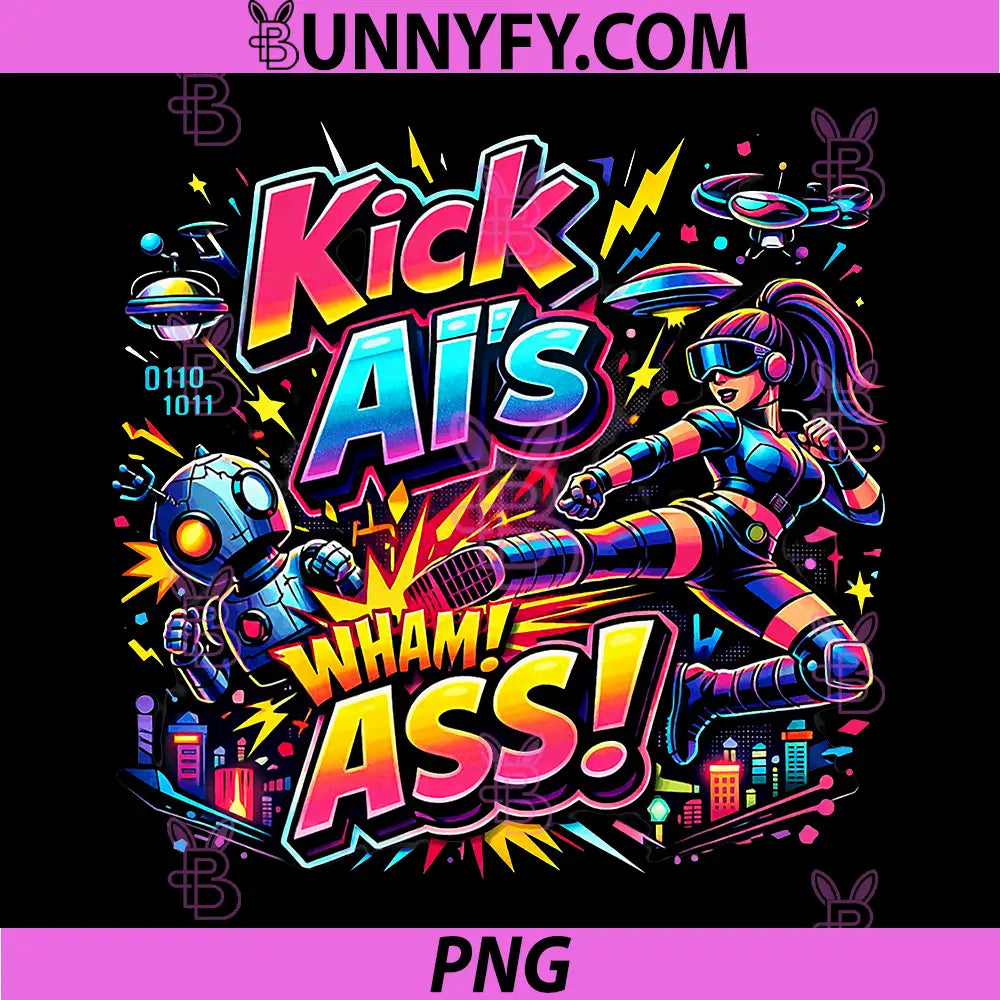 Kick AI’s Wham Ass Futuristic Robot Fight Design PNG, Kick AI’s Wham Ass Cyberpunk Gaming Graphic PNG
