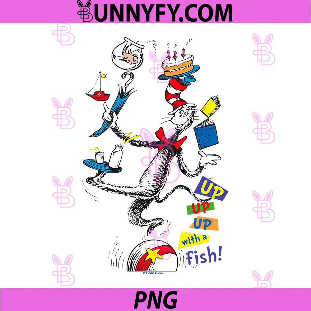 Cat In The Hat Up Up Up With A Fish PNG, Dr Seuss Classic Art PNG