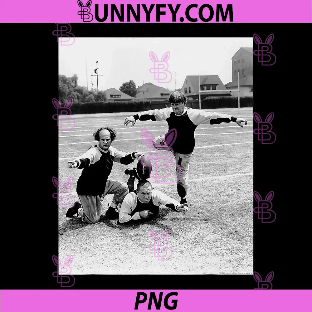 Three Stooges Football Kickoff Scene PNG, Classic Comedy Sports Art PNG