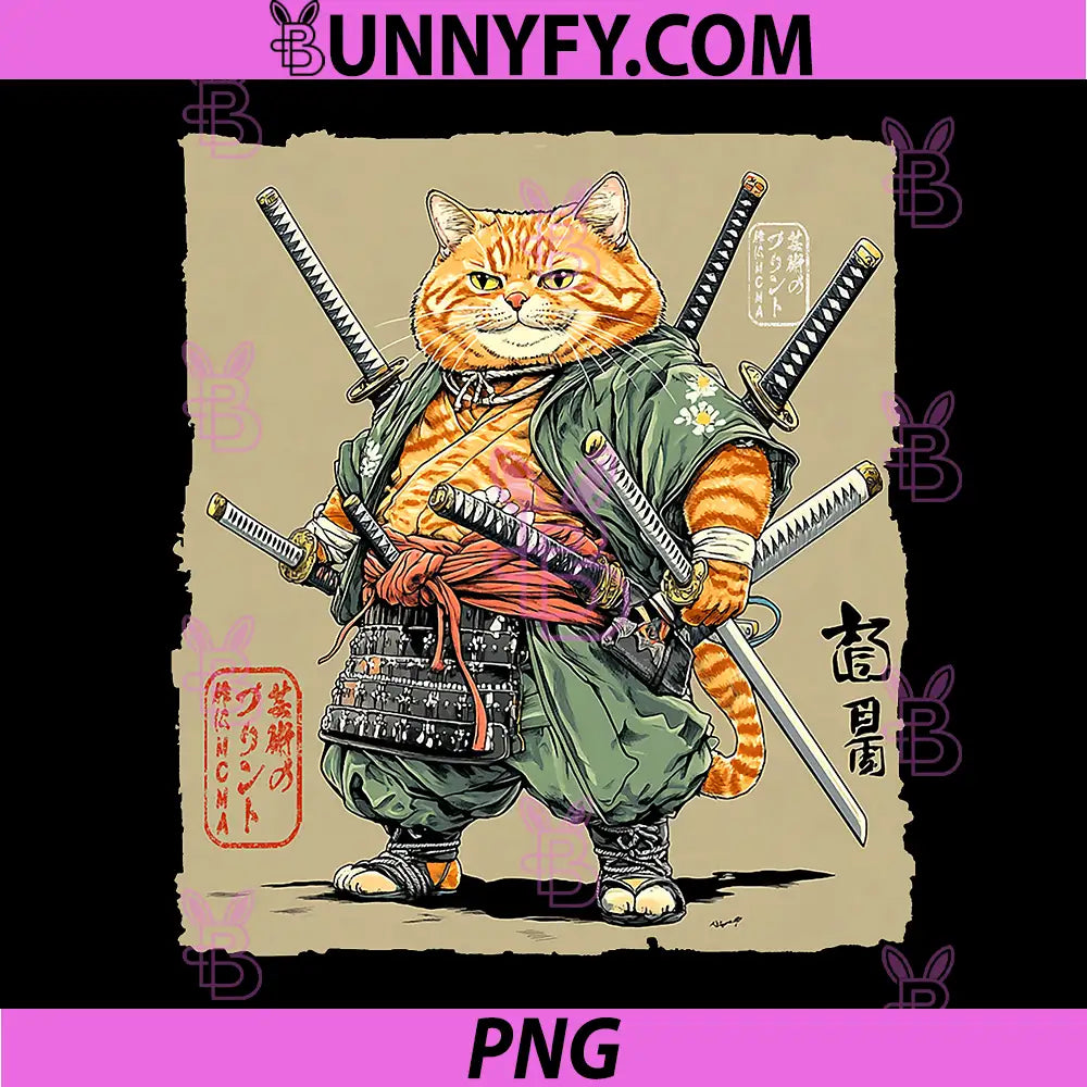 Tough Samurai Cat PNG, Multiple Swords Master Warrior Art PNG
