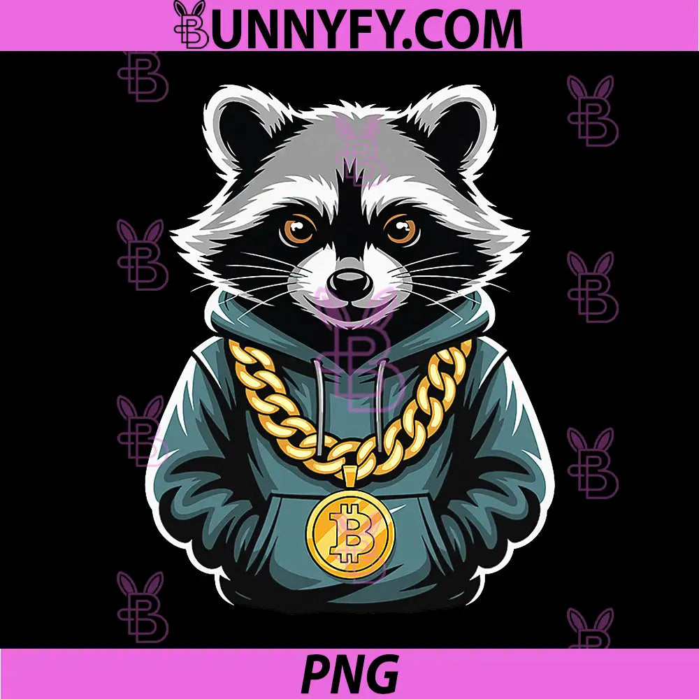 Crypto Raccoon Hoodie Gold Chain PNG, Bitcoin Trader Mascot PNG