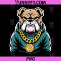 Crypto Bulldog Hoodie Gold Chain PNG, Bitcoin Trader Mascot PNG