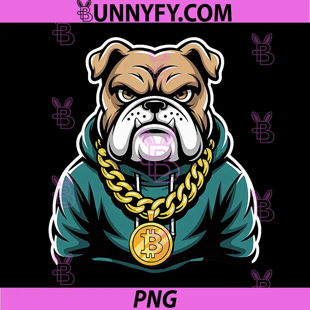 Crypto Bulldog Hoodie Gold Chain PNG, Bitcoin Trader Mascot PNG