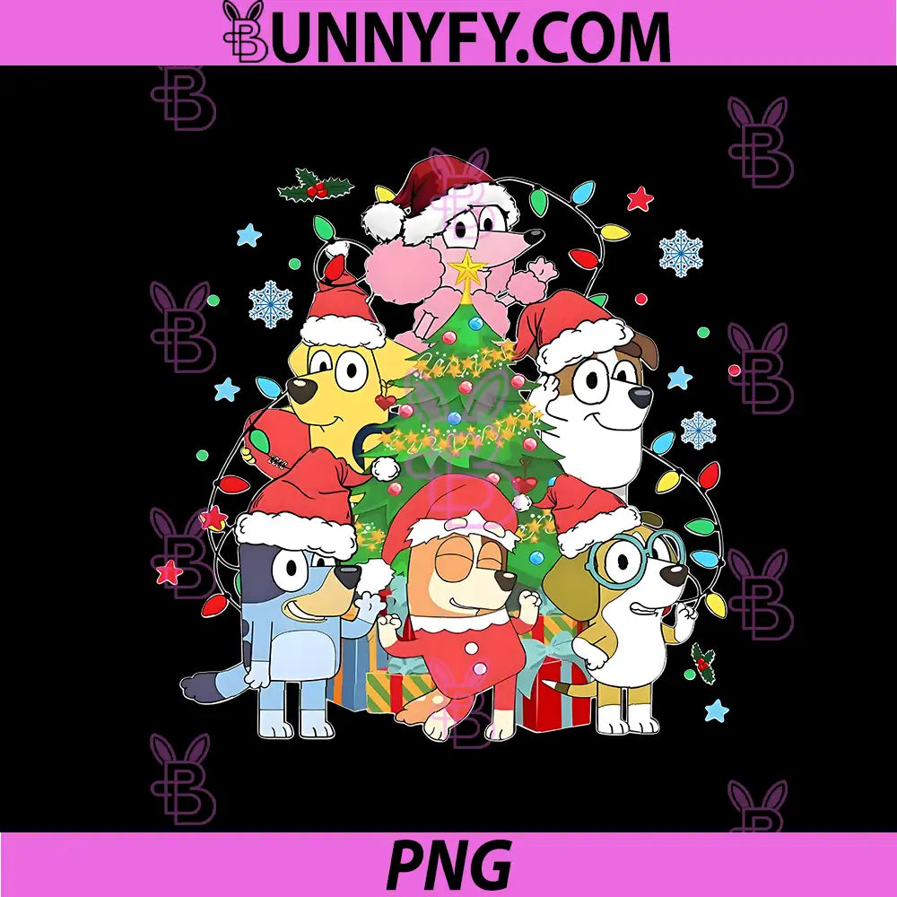 Bluey Family Christmas Tree Party PNG, Festive Cartoon Holiday Squad PNG