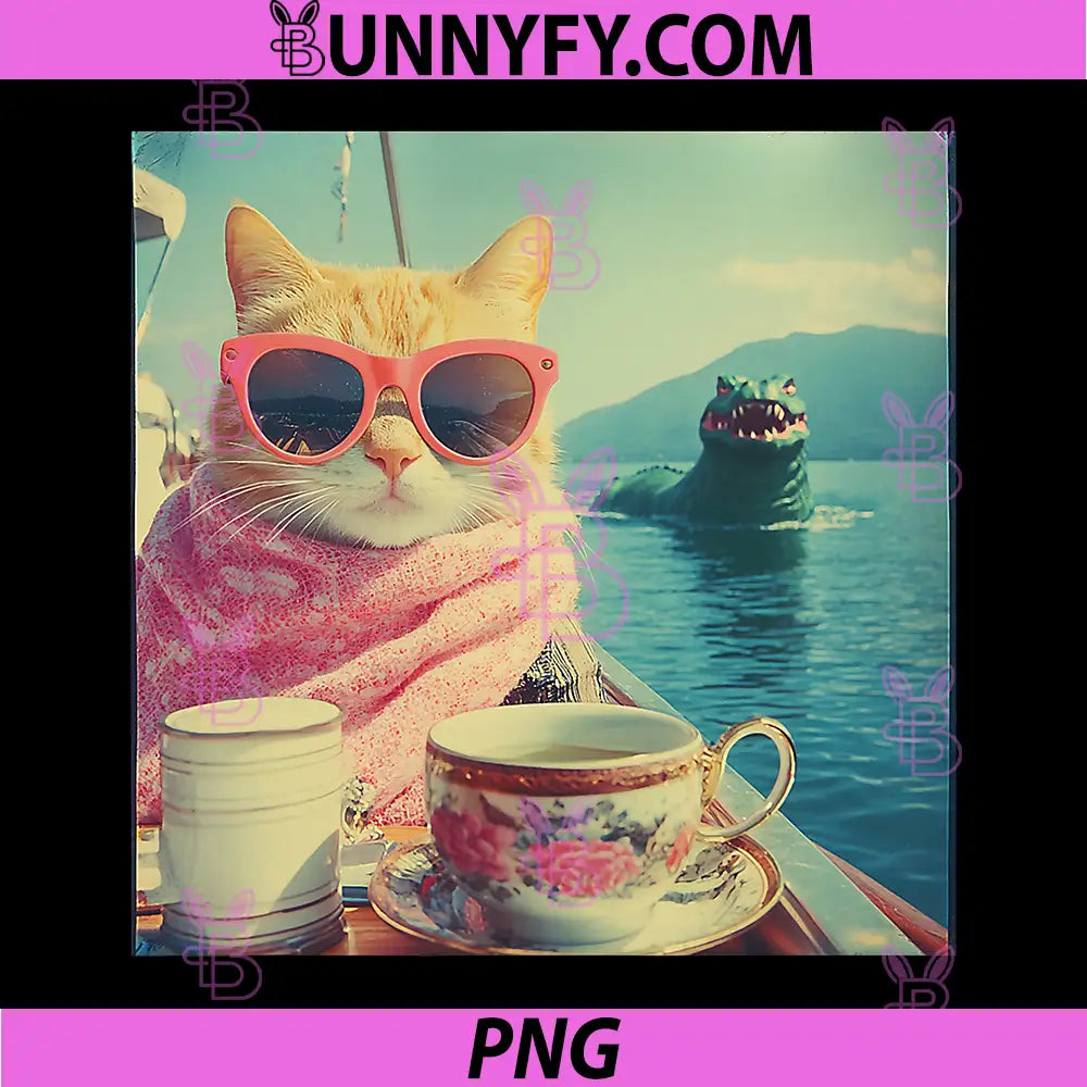 Unbothered Cat Selfie with Kaiju Sea Monster PNG, Funny Graphic PNG