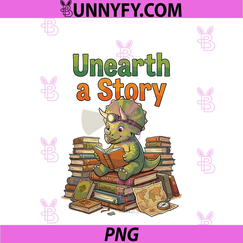Unearth A Story PNG, Triceratops Dinosaur Reading Books Cute Dino PNG