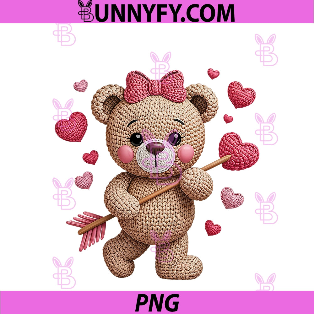 Valentine Day Cute PNG, Bear Love Hearts Crochet Yarn Cupid Girl PNG