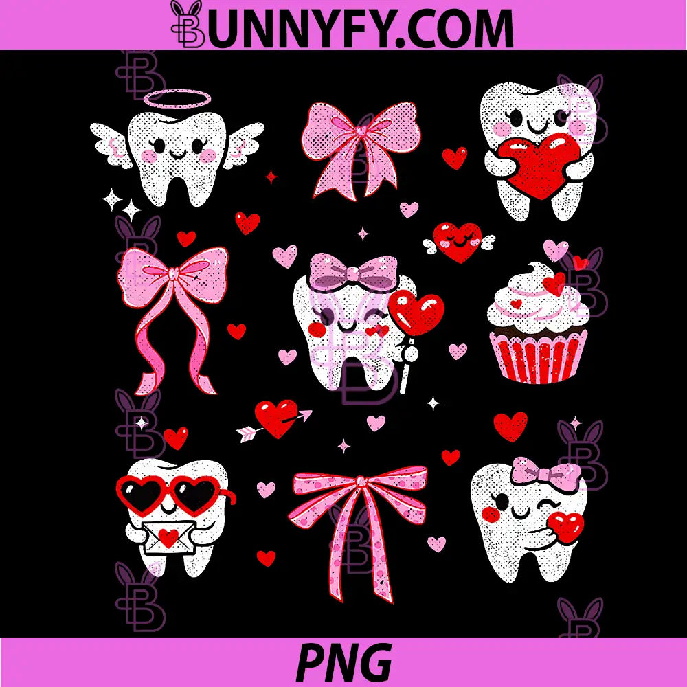 Cute Valentine Teeth Coquette Design PNG, Pink Bow Dental Love Art PNG