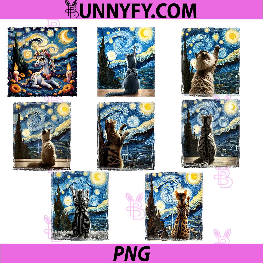 Van Gogh Starry Night Style PNG Bundle, Artistic Domestic Shorthair Cat Performance PNG