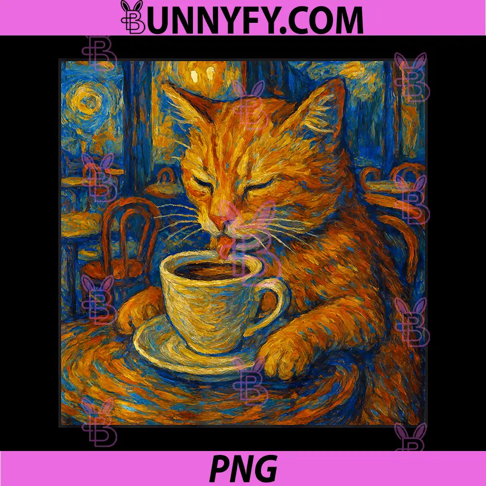 Van Gogh Cat Painting Funny PNG, Artistic Cat Coffee Lover Performance PNG 