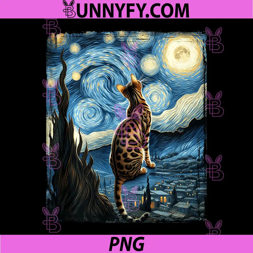 Van Gogh Starry Night Style PNG, Artistic Bengal Cat Performance PNG