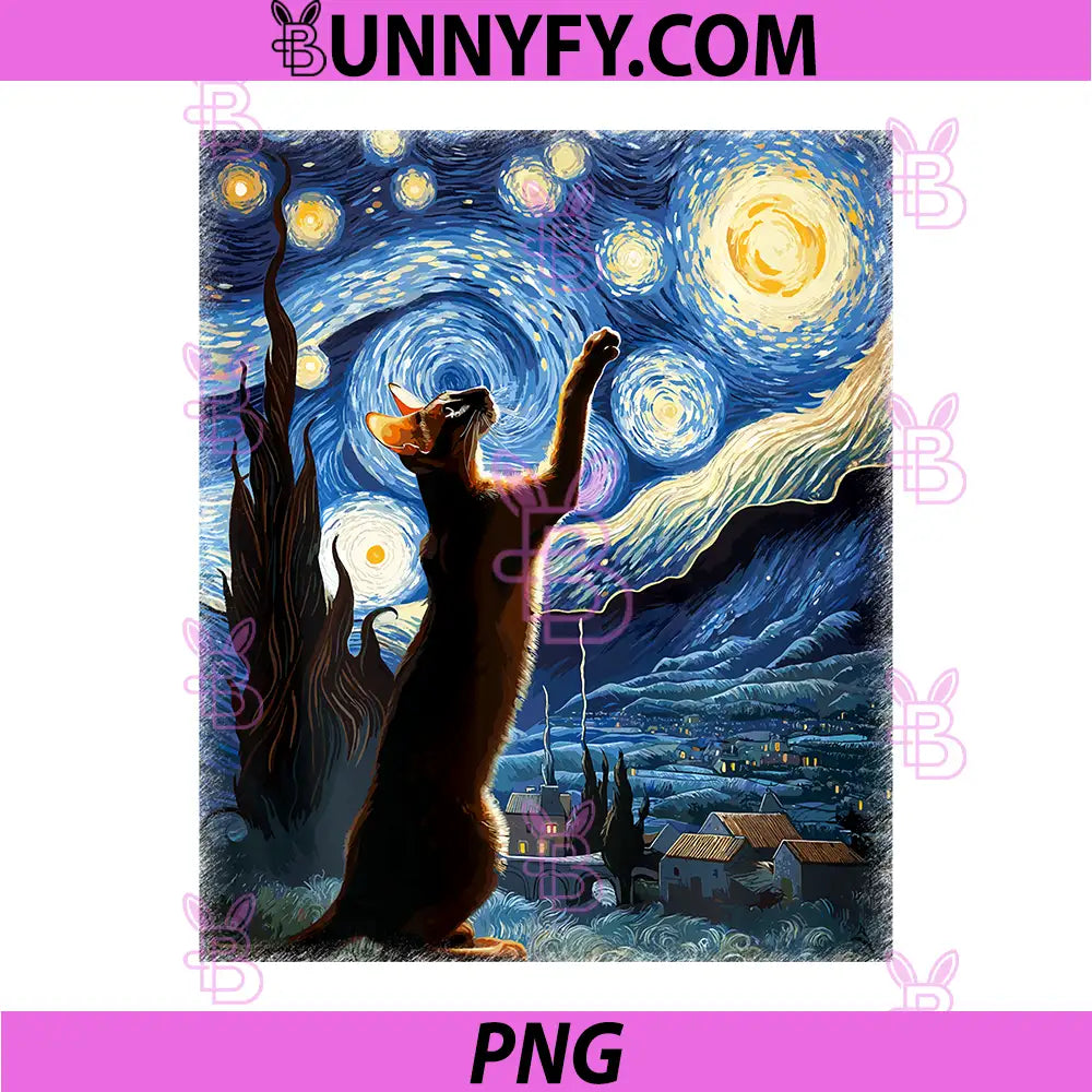 Van Gogh Starry Night Style PNG, Artistic Oriental Cat Performance PNG