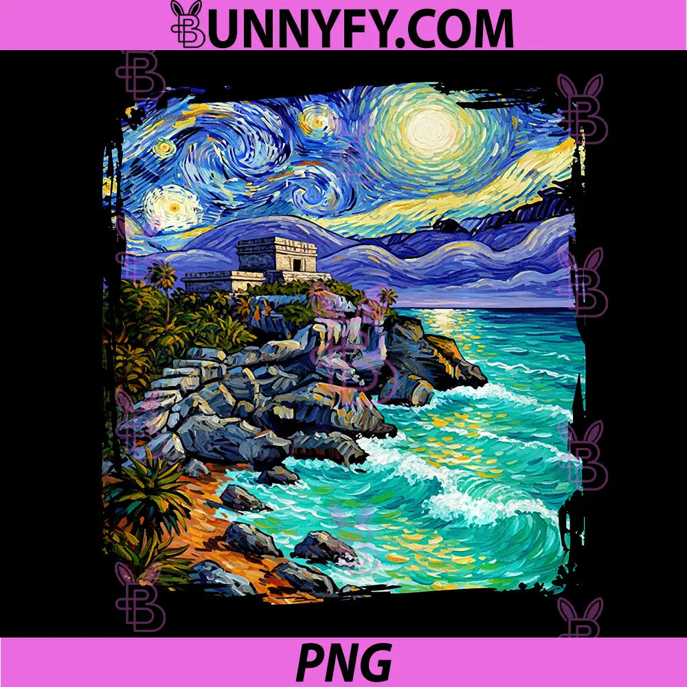 Van Gogh Starry Night Tulum Maya PNG, Temple Mexico Travel Performance PNG