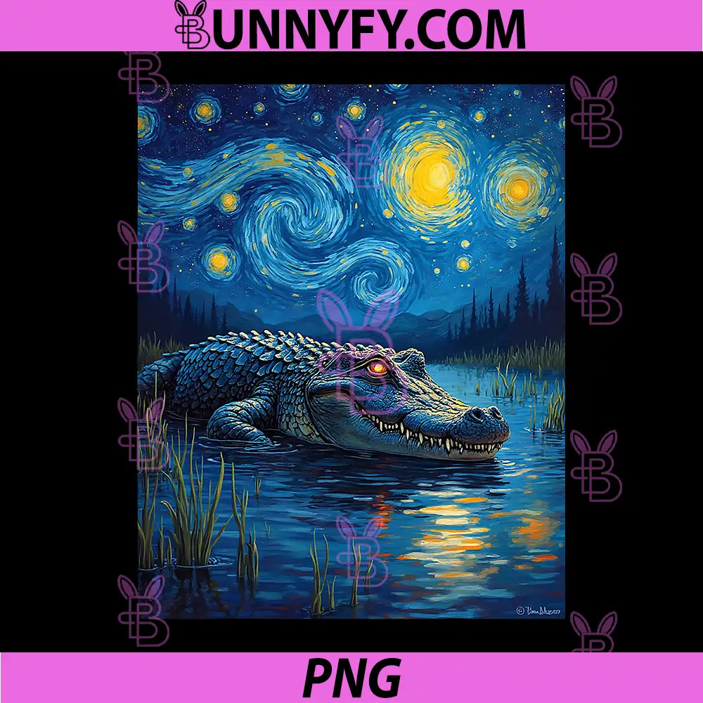 Van Gogh's Starry Night PNG, Alligator Crocodile Swamp Art PNG