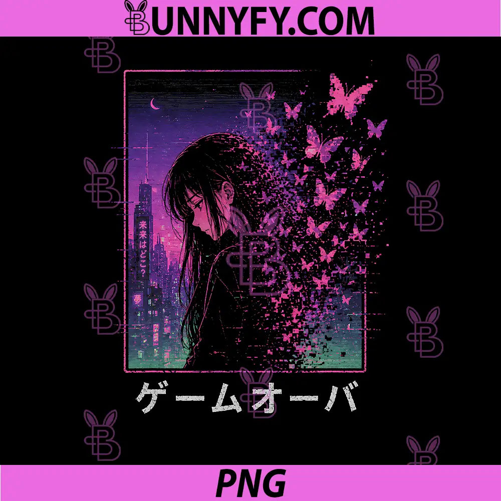 Vaporwave Anime Girl 90s PNG, Aesthetic Sad Girl Butterflies PNG