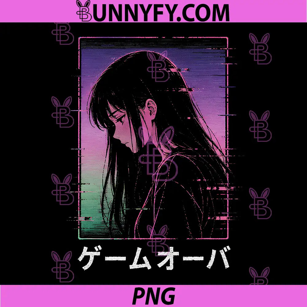 Vaporwave Anime Girl Glitch PNG, Aesthetic Sad Girl Synthwave PNG