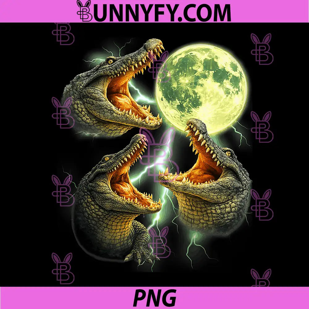 Three Alligator Moon Lightning PNG, Vintage Crocodile Dark Art PNG