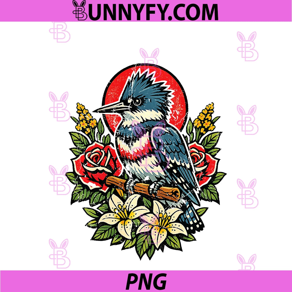 Vintage Belted Kingfisher Tattoo Style PNG, Birdwatching Design PNG