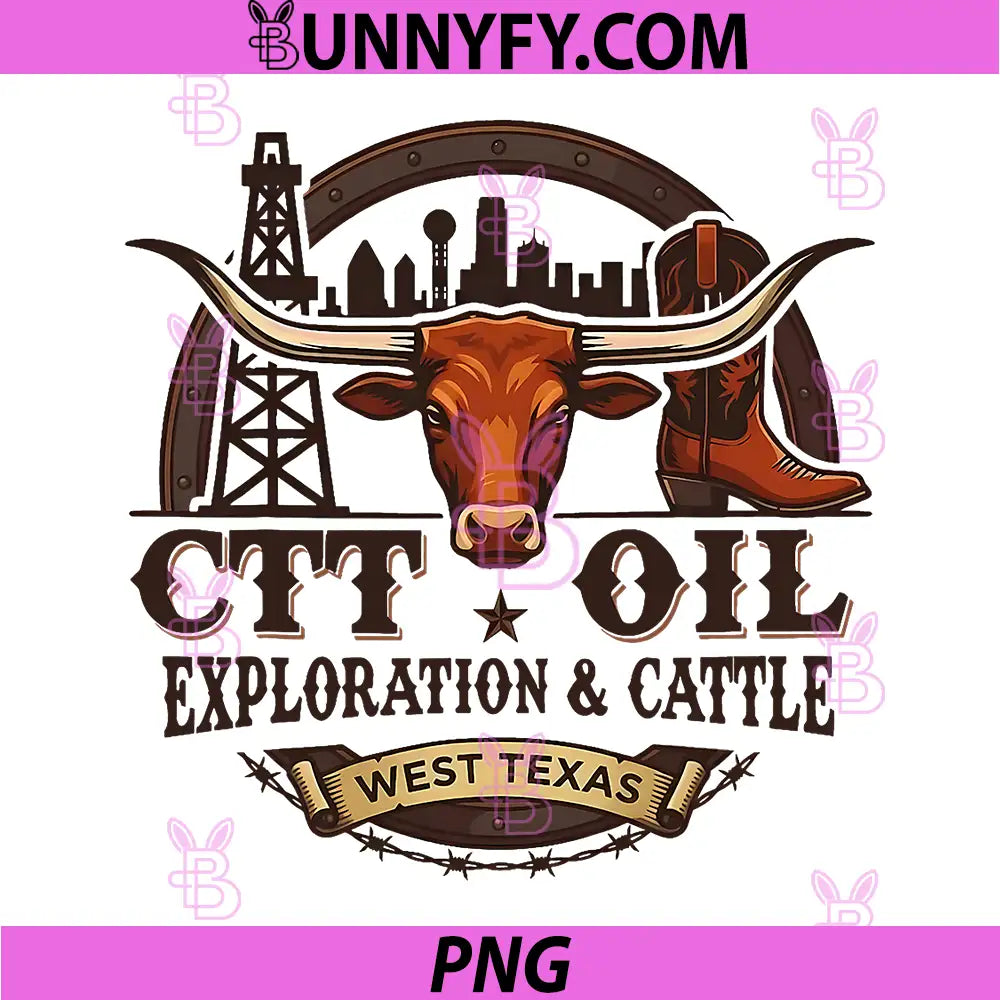 CTT Oil Exploration And Cattle West Texas PNG, Vintage Longhorn Oilfield Western PNG