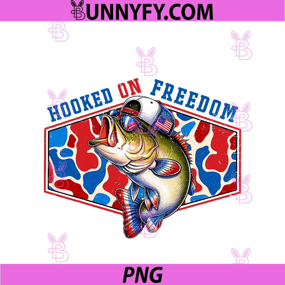 Vintage Camo Hooked On Freedom PNG, 4th Of July Bass Fishing Cute PNG